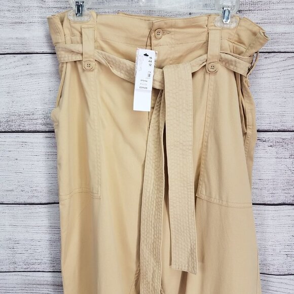 NEW TOPSHOP 12 Rory Paperbag Waist Utility Trousers Cuffed Crop Pants in Beige - Picture 5 of 13